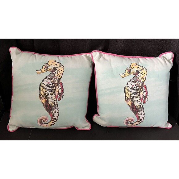 Allen + Roth Porch Pool Deck Seahorse Pair Throw Pillows Aqua 16" x 16" - Picture 2 of 5
